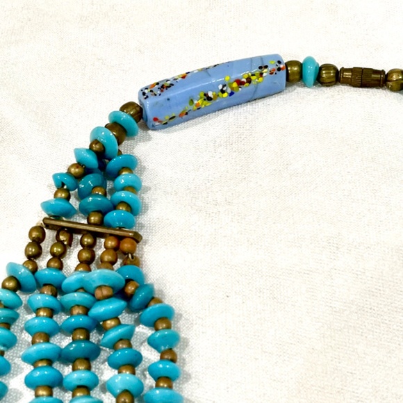 Vintage Turquoise Art Glass Bead Bohemian Necklace Multi Strand Retro Chic - Picture 7 of 7